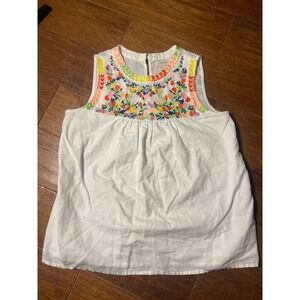 J Crew Embroidered Tank Top White Size 00 Sleeveless Smocked Neck Floral